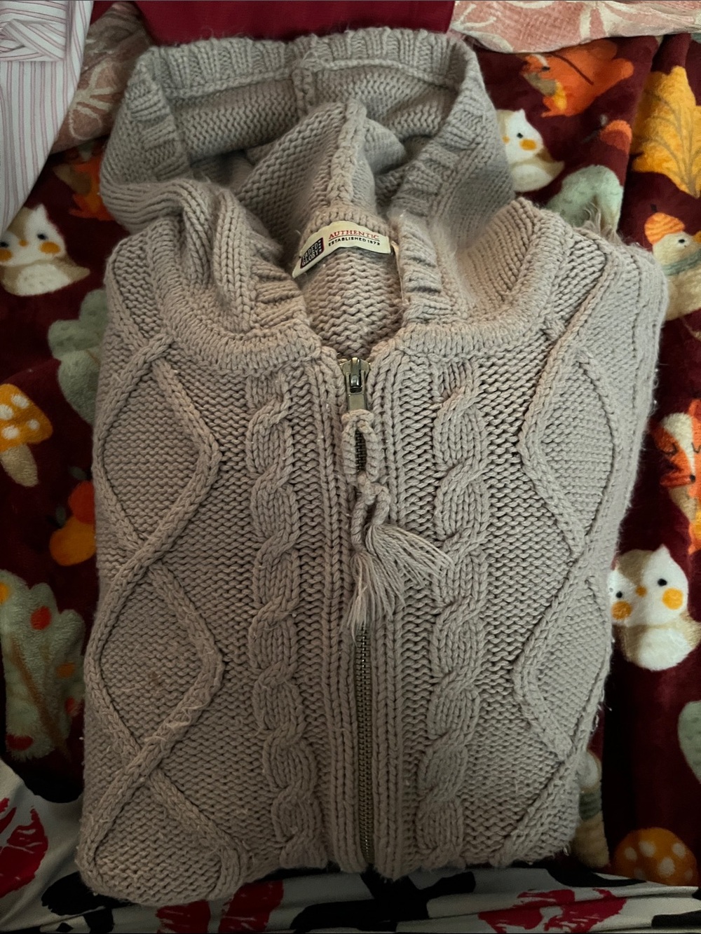 Faded Glory Taupe Cable Knit Hooded Zip Cardigan